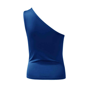 a women's blue one shoulder top on a white background