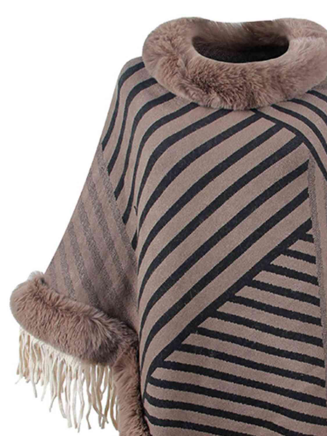 Magnific Winter Striped Fringe Hem Mock Neck Poncho - MXSTUDIO.COM