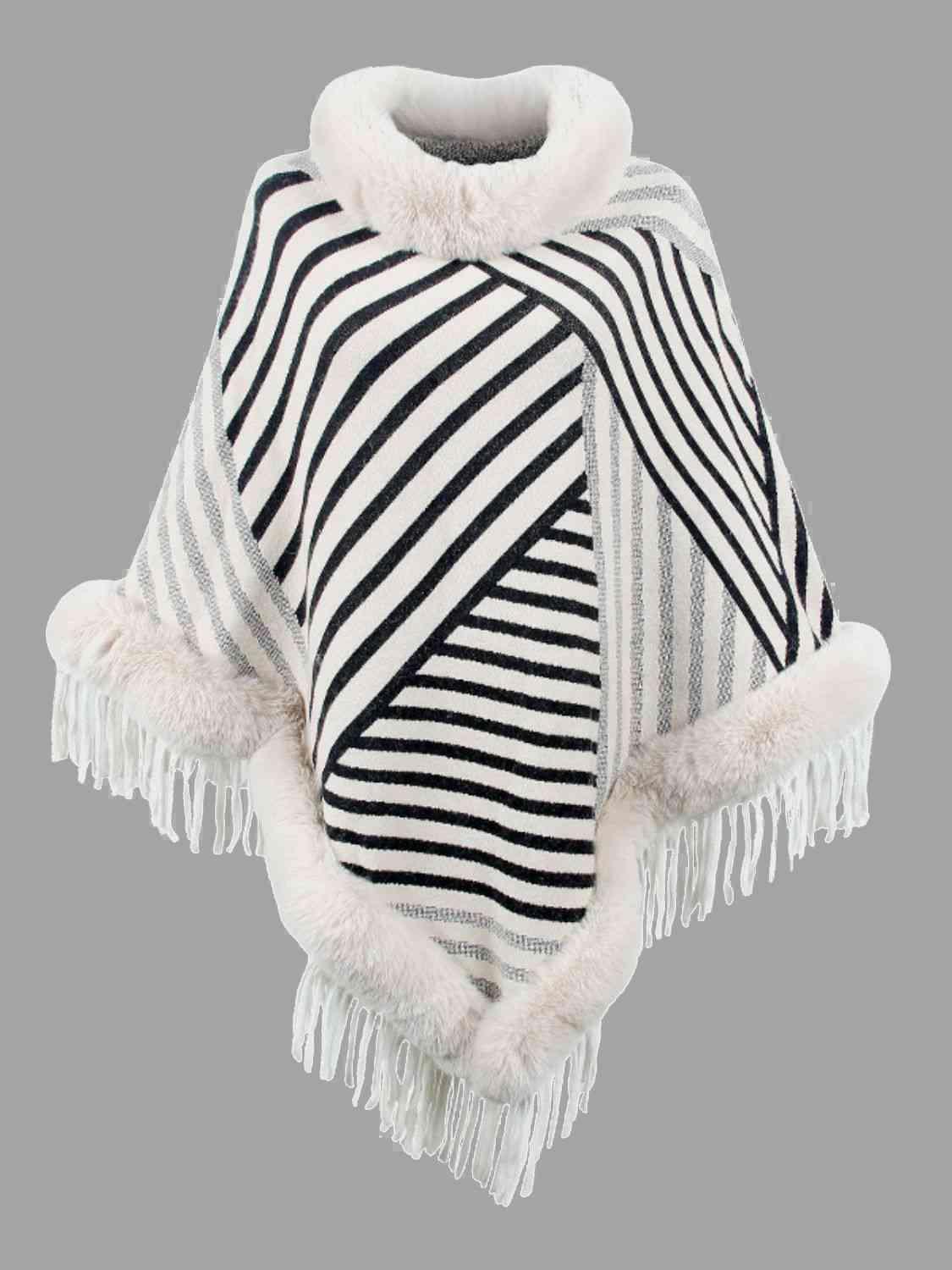 Magnific Winter Striped Fringe Hem Mock Neck Poncho - MXSTUDIO.COM