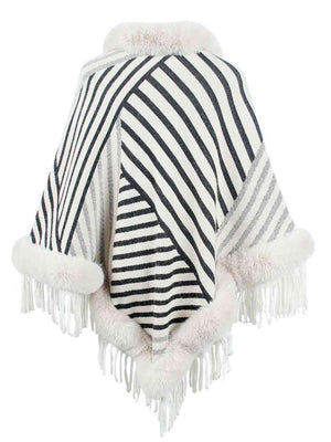 Magnific Winter Striped Fringe Hem Mock Neck Poncho - MXSTUDIO.COM