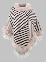 Magnific Winter Striped Fringe Hem Mock Neck Poncho - MXSTUDIO.COM