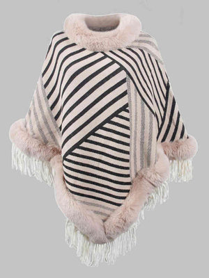 Magnific Winter Striped Fringe Hem Mock Neck Poncho - MXSTUDIO.COM