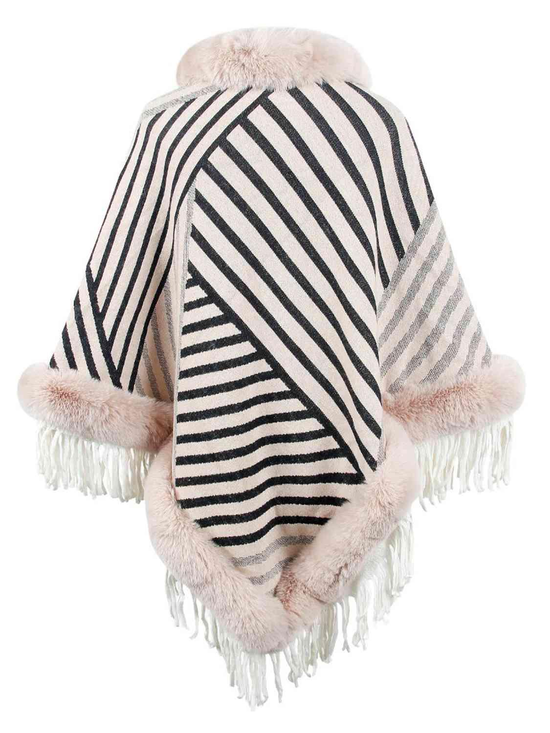 Magnific Winter Striped Fringe Hem Mock Neck Poncho - MXSTUDIO.COM