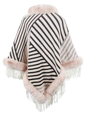 Magnific Winter Striped Fringe Hem Mock Neck Poncho - MXSTUDIO.COM