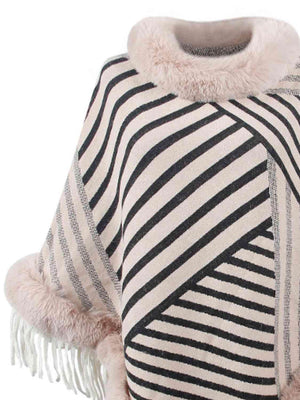 Magnific Winter Striped Fringe Hem Mock Neck Poncho - MXSTUDIO.COM