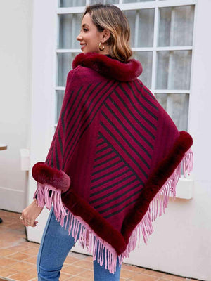 Magnific Winter Striped Fringe Hem Mock Neck Poncho - MXSTUDIO.COM