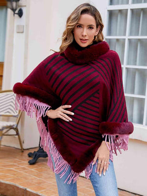 Magnific Winter Striped Fringe Hem Mock Neck Poncho - MXSTUDIO.COM