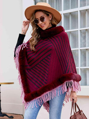 Magnific Winter Striped Fringe Hem Mock Neck Poncho - MXSTUDIO.COM