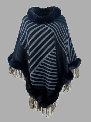 Magnific Winter Striped Fringe Hem Mock Neck Poncho - MXSTUDIO.COM