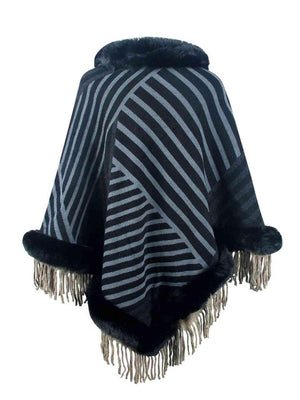 Magnific Winter Striped Fringe Hem Mock Neck Poncho - MXSTUDIO.COM