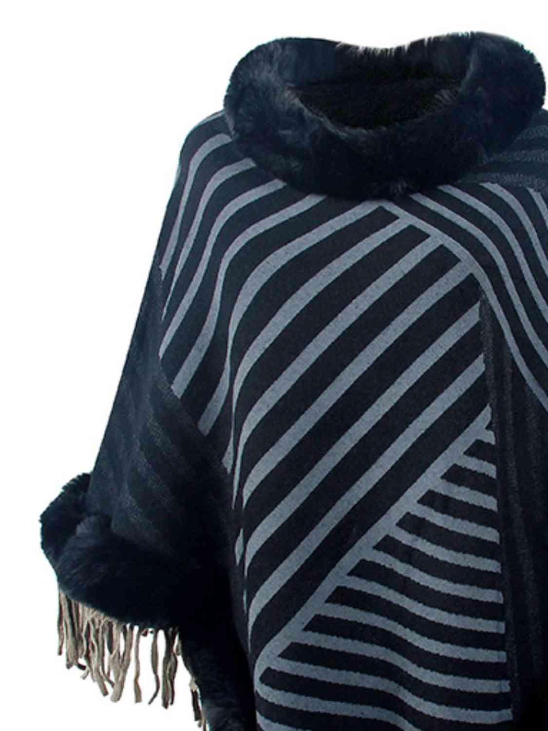 Magnific Winter Striped Fringe Hem Mock Neck Poncho - MXSTUDIO.COM