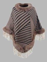 Magnific Winter Striped Fringe Hem Mock Neck Poncho - MXSTUDIO.COM