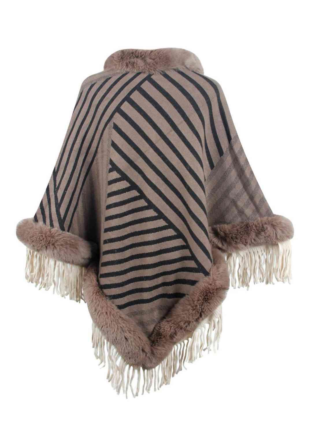 Magnific Winter Striped Fringe Hem Mock Neck Poncho - MXSTUDIO.COM