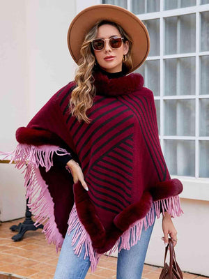 Magnific Winter Striped Fringe Hem Mock Neck Poncho - MXSTUDIO.COM