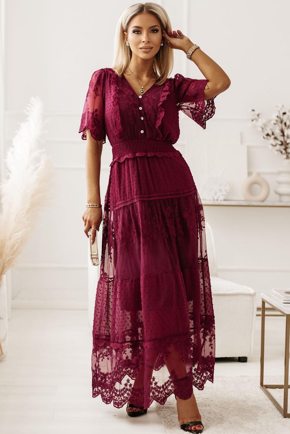 Magnificent V Neck Short Sleeve Lace Maxi Dress - MXSTUDIO.COM