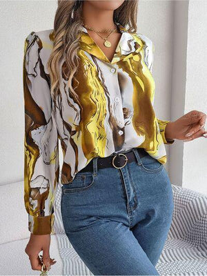 a woman wearing a yellow shirt and jeans