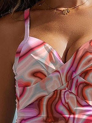 a close up of a woman wearing a pink dress