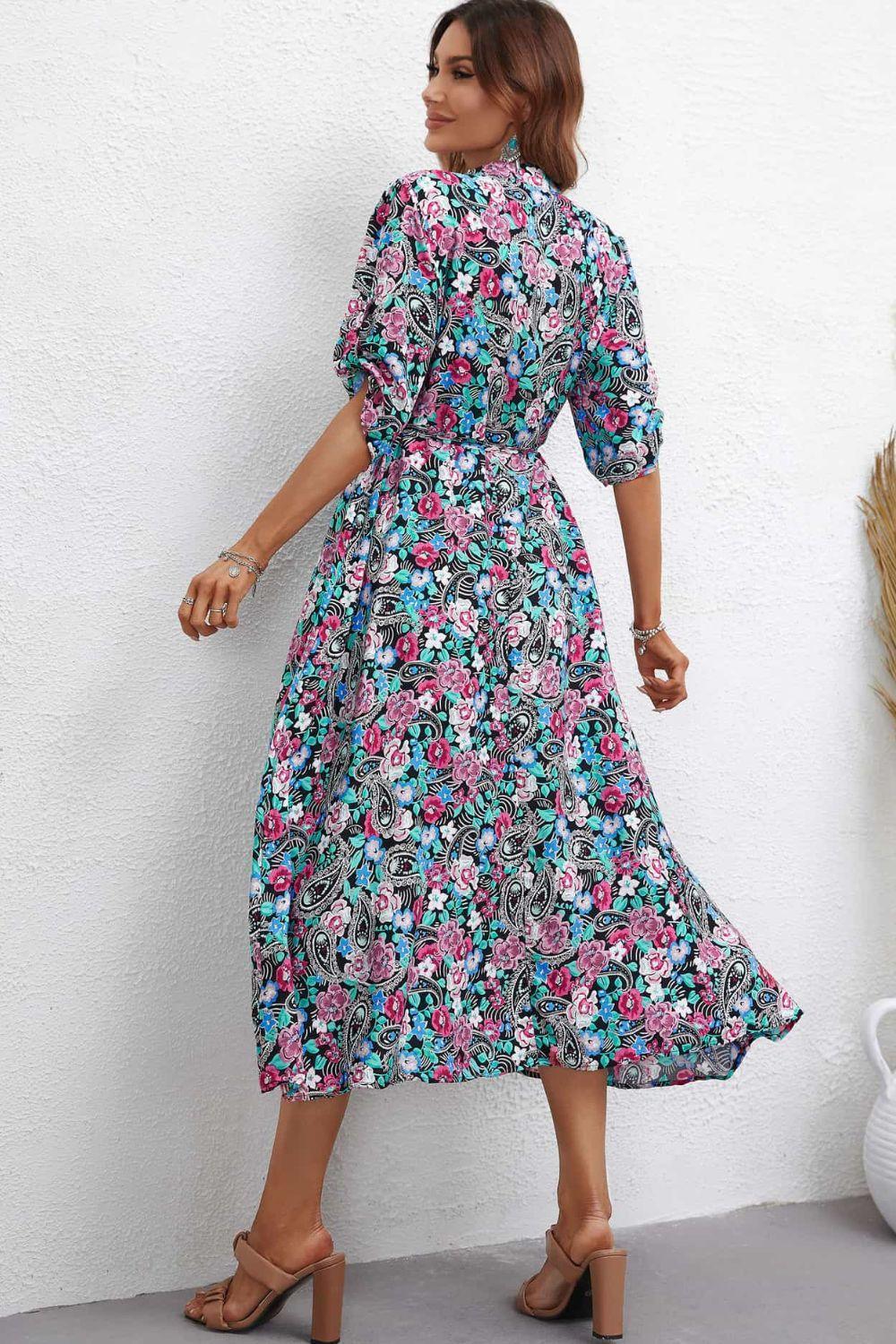 Marvelous Half Sleeve Floral A Line Midi Dress - MXSTUDIO.COM