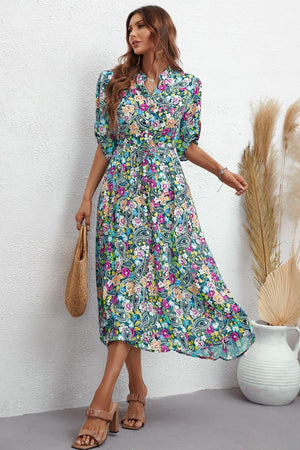 Marvelous Half Sleeve Floral A Line Midi Dress - MXSTUDIO.COM