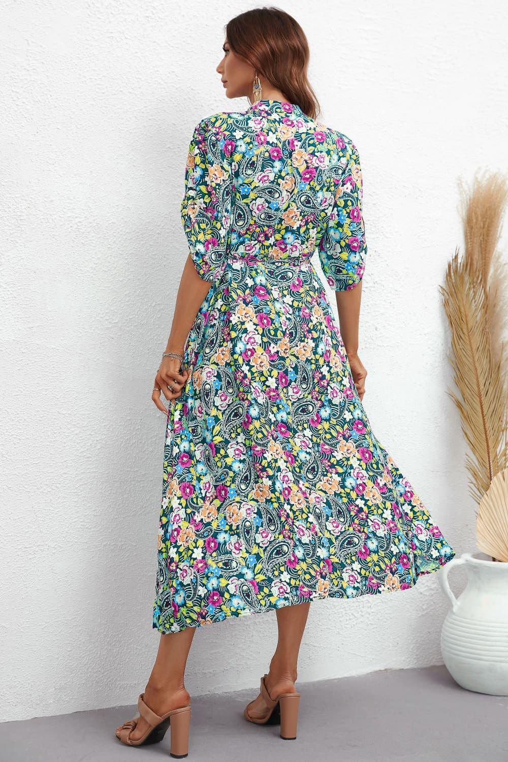 Marvelous Half Sleeve Floral A Line Midi Dress - MXSTUDIO.COM