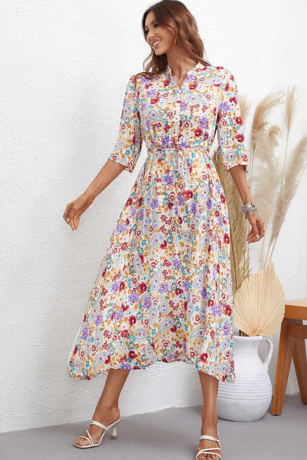 Marvelous Half Sleeve Floral A Line Midi Dress - MXSTUDIO.COM