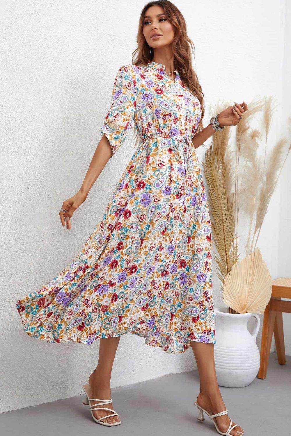 Marvelous Half Sleeve Floral A Line Midi Dress - MXSTUDIO.COM