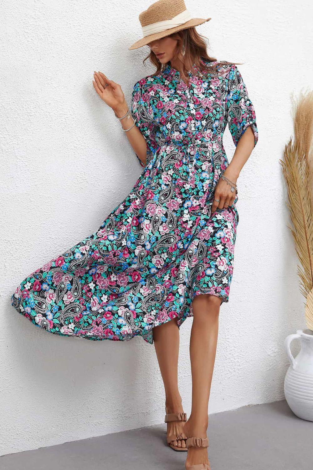 Marvelous Half Sleeve Floral A Line Midi Dress - MXSTUDIO.COM