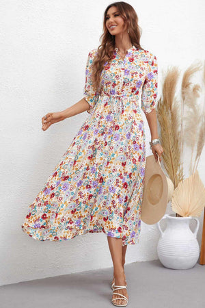 Marvelous Half Sleeve Floral A Line Midi Dress - MXSTUDIO.COM