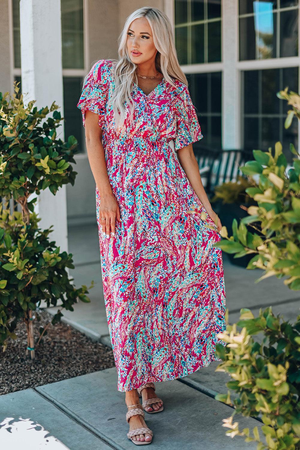 Marvelous Short Sleeve V Neck Maxi Dress - MXSTUDIO.COM