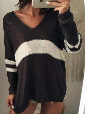 Mellow Vibe Striped Knit V Neck Sweater-MXSTUDIO.COM