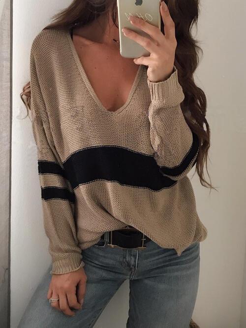 Mellow Vibe Striped Knit V Neck Sweater-MXSTUDIO.COM