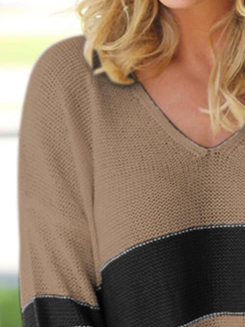 Mellow Vibe Striped Knit V Neck Sweater-MXSTUDIO.COM