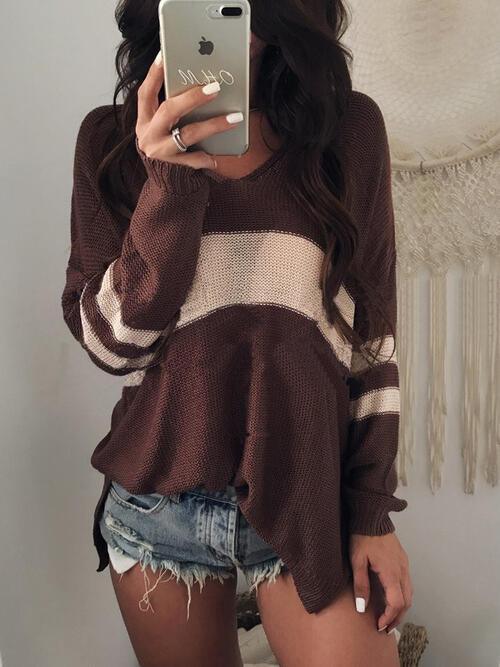 Mellow Vibe Striped Knit V Neck Sweater-MXSTUDIO.COM