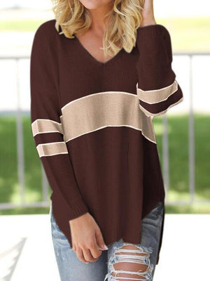 Mellow Vibe Striped Knit V Neck Sweater-MXSTUDIO.COM