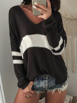 Mellow Vibe Striped Knit V Neck Sweater-MXSTUDIO.COM