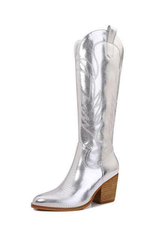 a pair of silver cowboy boots on a white background