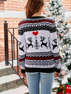 Merry Ambiance Round Neck Reindeer Christmas Sweater-MXSTUDIO.COM