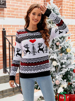 Merry Ambiance Round Neck Reindeer Christmas Sweater-MXSTUDIO.COM