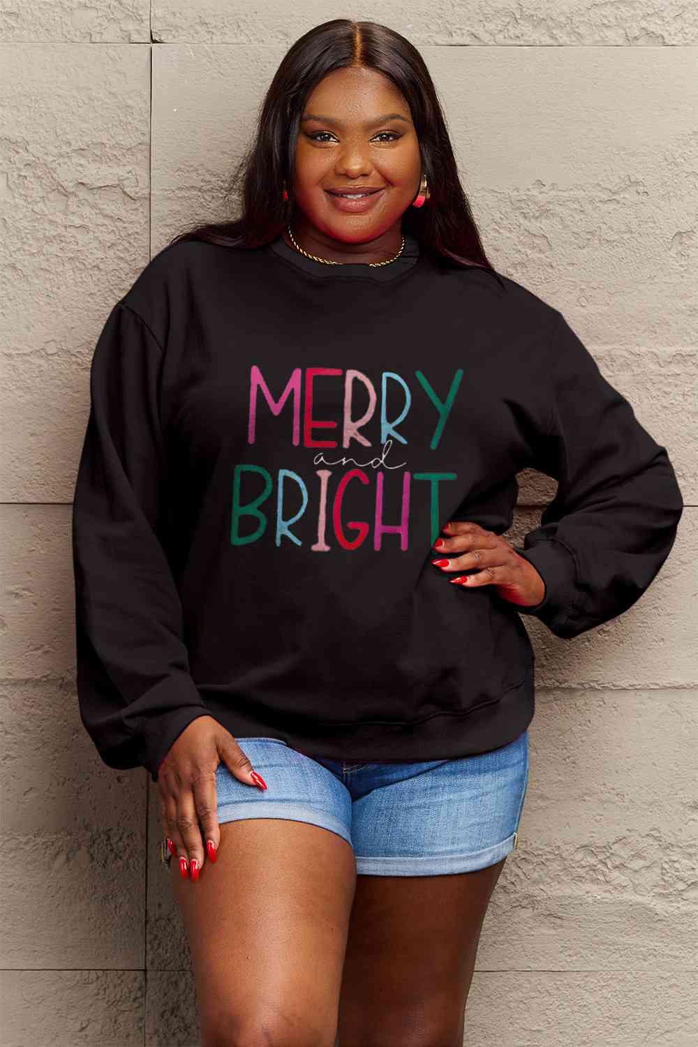 Merry And Bright Graphic Plus Size Christmas Sweatshirt-MXSTUDIO.COM