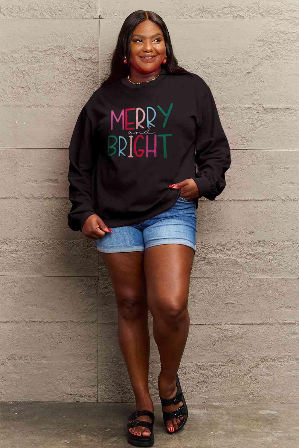 Merry And Bright Graphic Plus Size Christmas Sweatshirt-MXSTUDIO.COM