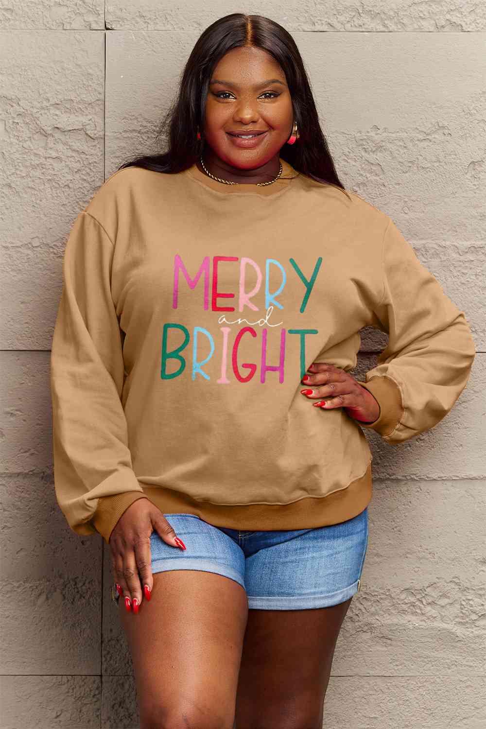 Merry And Bright Graphic Plus Size Christmas Sweatshirt-MXSTUDIO.COM