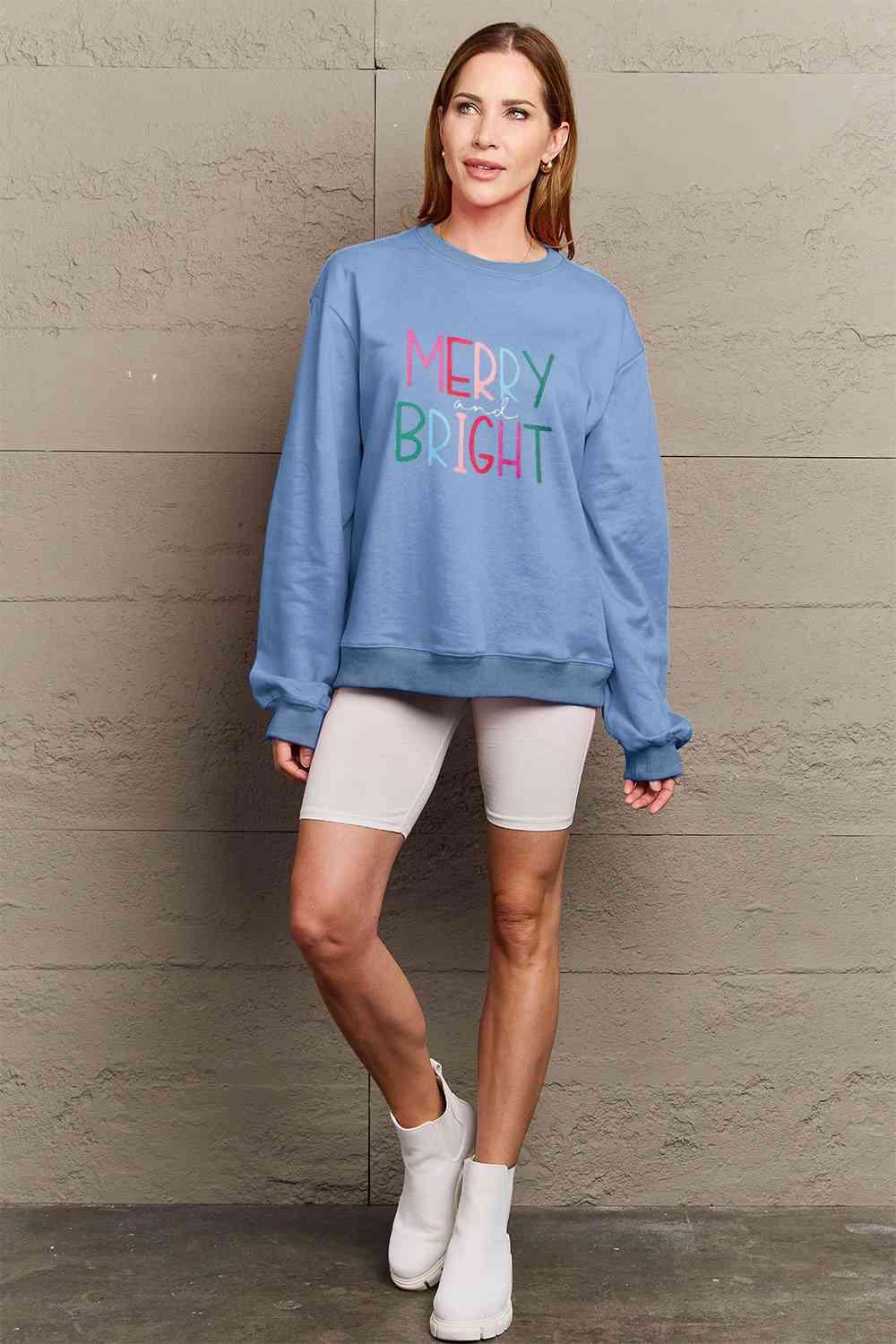 Merry And Bright Graphic Plus Size Christmas Sweatshirt-MXSTUDIO.COM