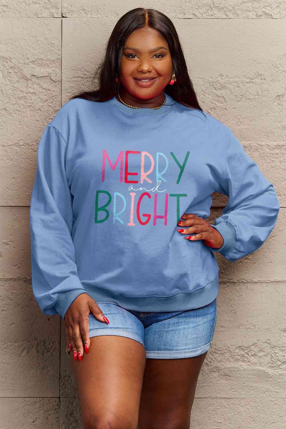 Merry And Bright Graphic Plus Size Christmas Sweatshirt-MXSTUDIO.COM