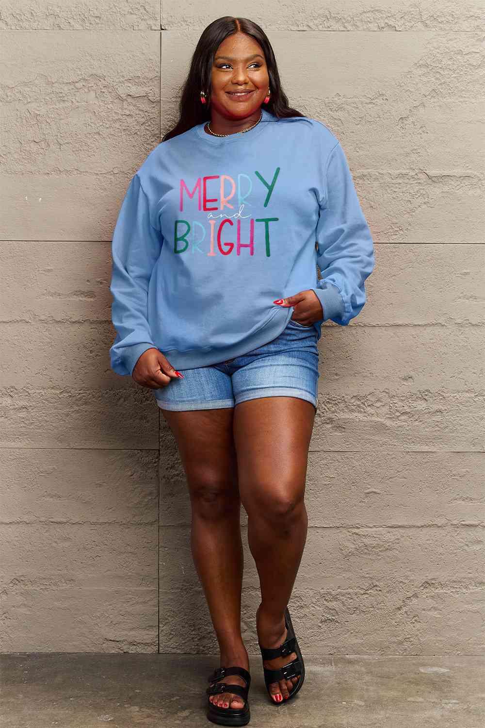 Merry And Bright Graphic Plus Size Christmas Sweatshirt-MXSTUDIO.COM