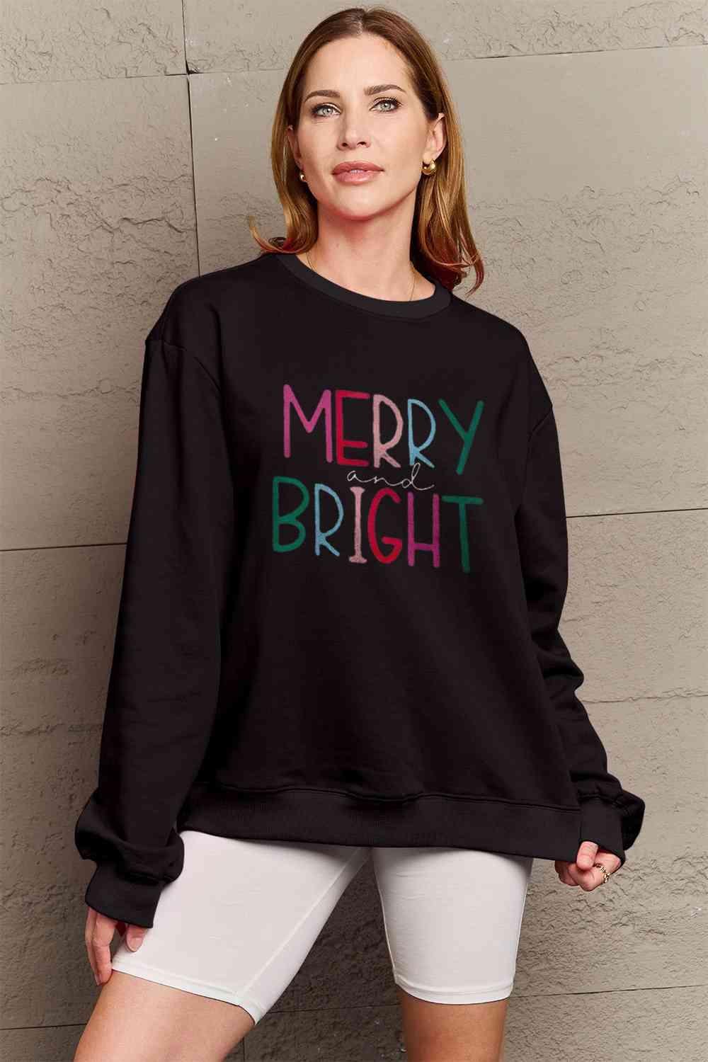 Merry And Bright Graphic Plus Size Christmas Sweatshirt-MXSTUDIO.COM