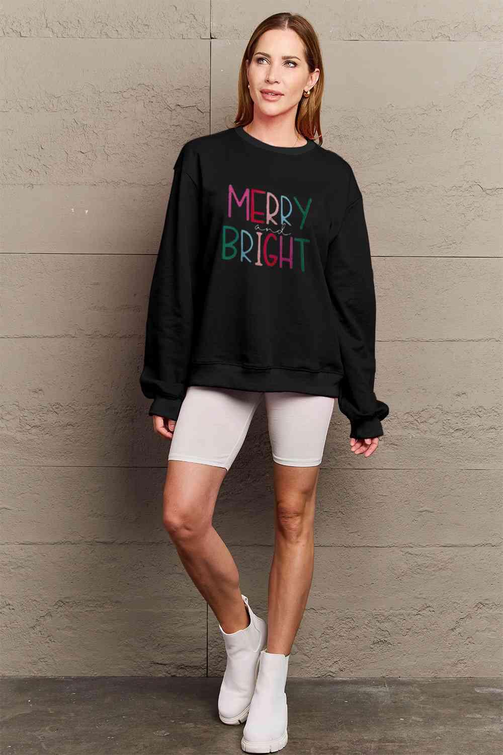 Merry And Bright Graphic Plus Size Christmas Sweatshirt-MXSTUDIO.COM