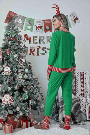 Merry Christmas Graphic Top And Pants Green Lounge Set - MXSTUDIO.COM