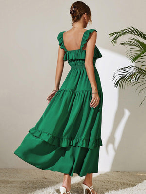 Mesmeric Green Sleeveless Ruffle Maxi Dress - MXSTUDIO.COM