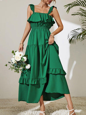 Mesmeric Green Sleeveless Ruffle Maxi Dress - MXSTUDIO.COM