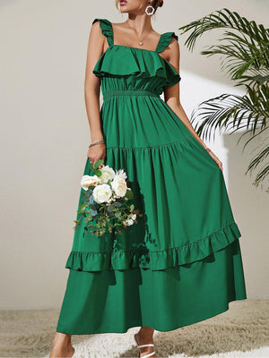 Mesmeric Green Sleeveless Ruffle Maxi Dress - MXSTUDIO.COM